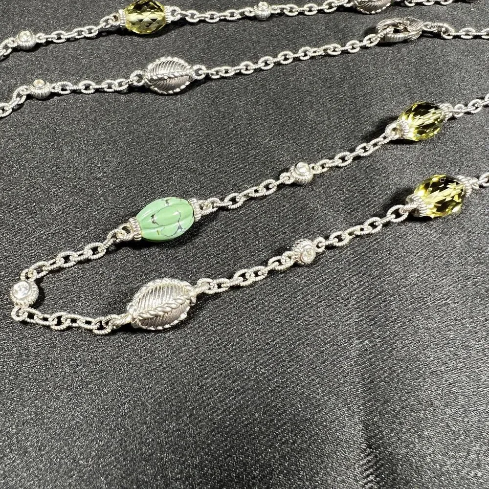 Judith Ripka Sterling Silver Green Turquoise & Lemon Quartz Station Necklace 36